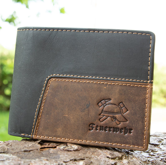 Feuerwehr Leder Geldbeutel Portemonnaie 10 Karten RFID Aufdruck Helm und Axt schwarz