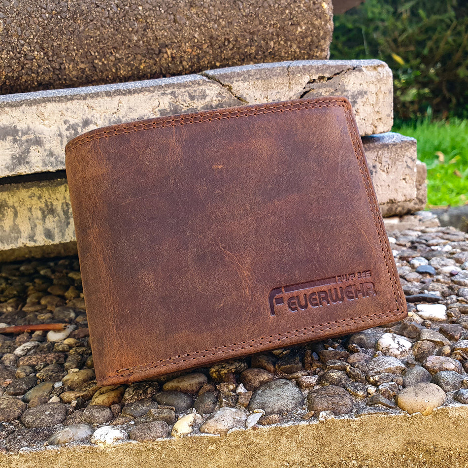 Feuerwehr Leder Geldbeutel Portemonnaie 12 Karten RFID  Schutz 365 Tage braun