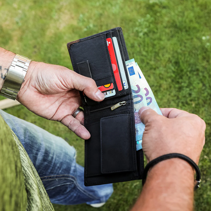 Feuerwehr Leder Geldbeutel Portemonnaie 10 Karten RFID  Schutz 365 Tage schwarz