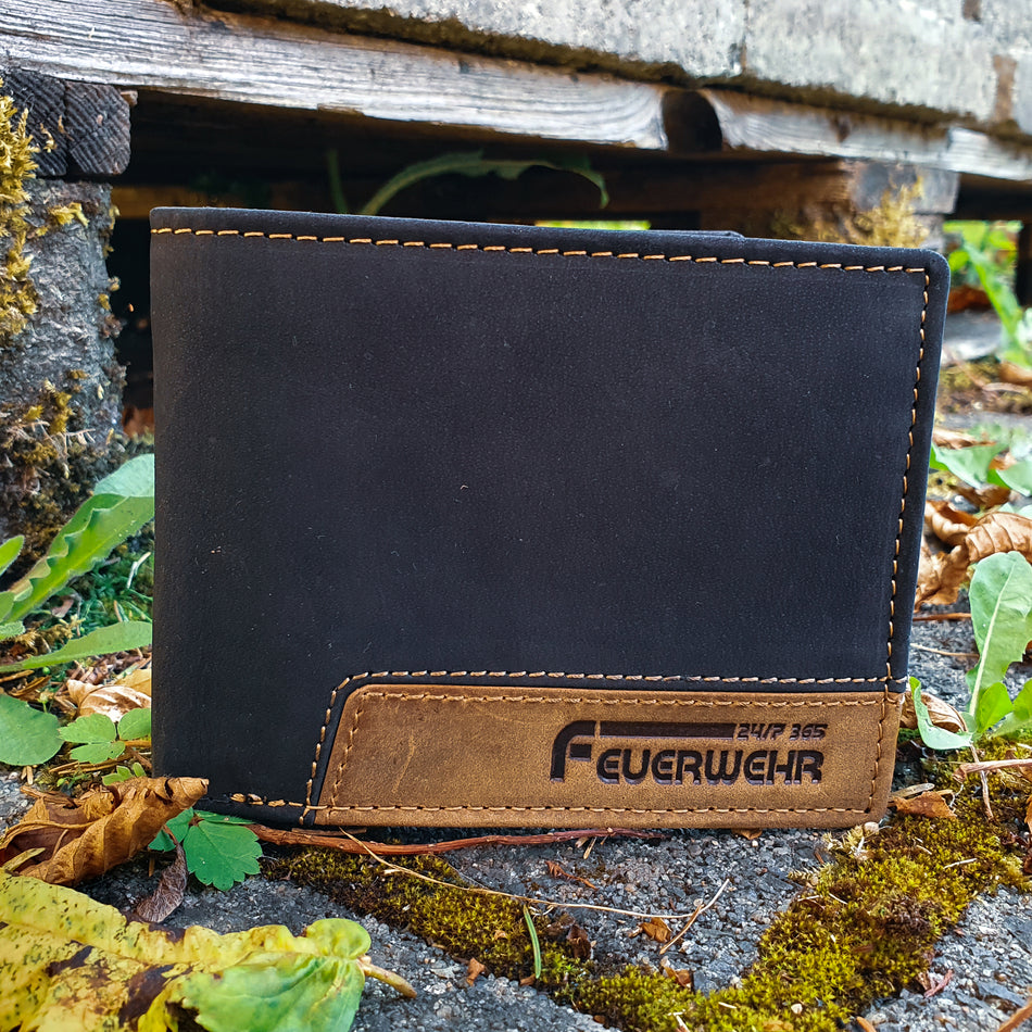 Feuerwehr Leder Geldbeutel Portemonnaie 10 Karten RFID  Schutz 365 Tage schwarz
