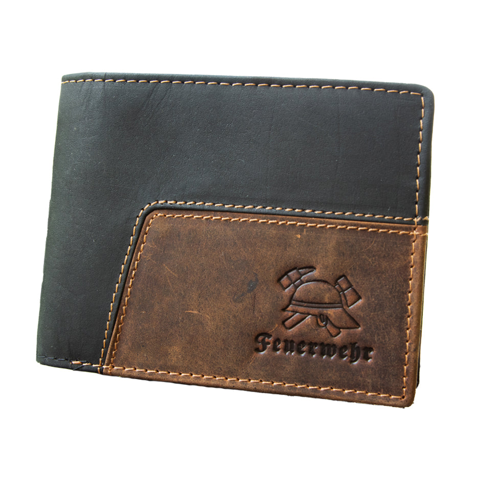 Feuerwehr Leder Geldbeutel Portemonnaie 10 Karten RFID Aufdruck Helm und Axt schwarz