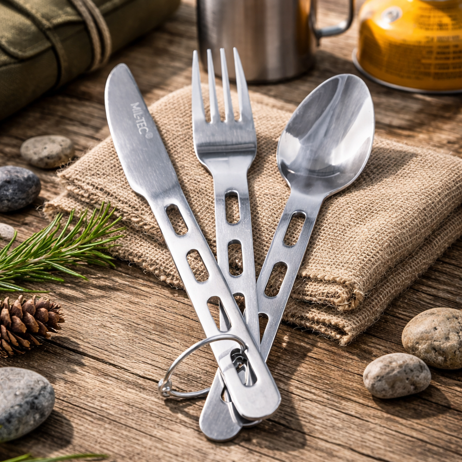 Campingbesteck Edelstahl mit Ring – leicht & kompakt 95 g
