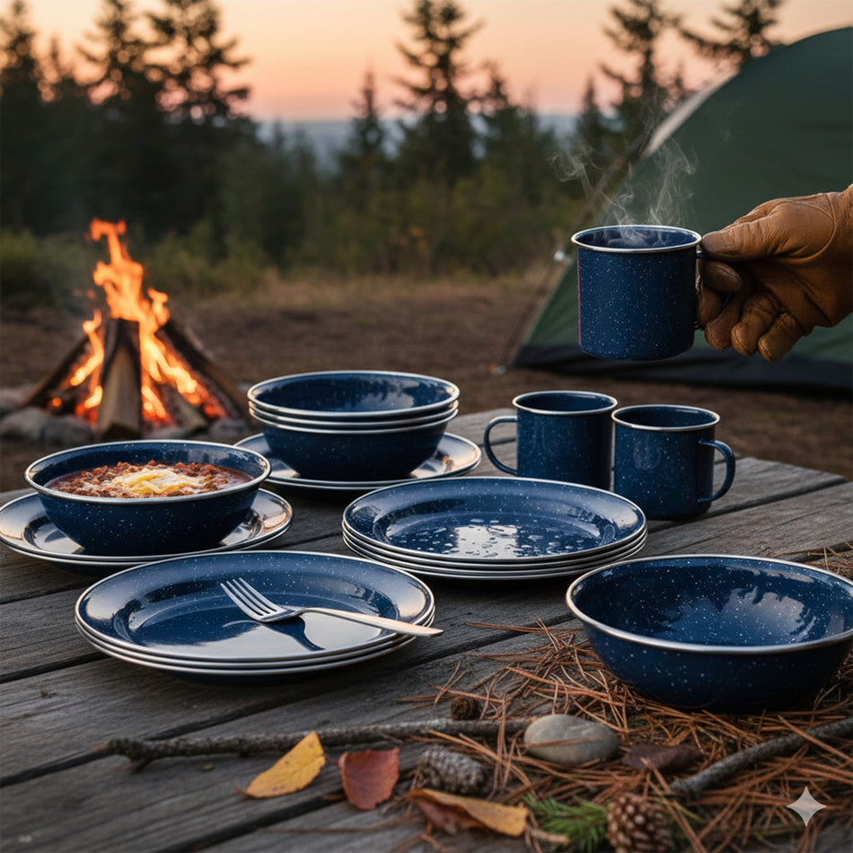 Geschirrset Western Emaille Stahl blau & schwarz 12-tlg. Camping