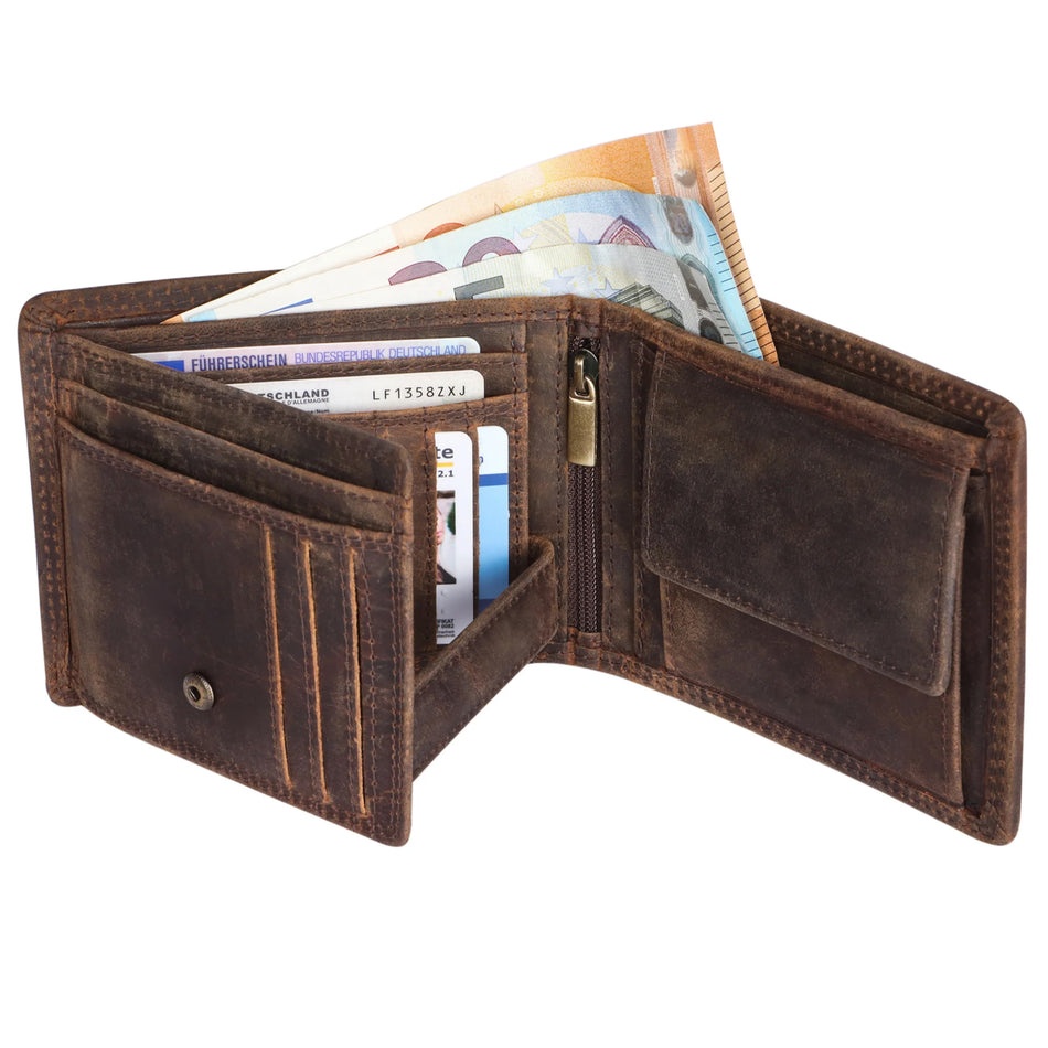 Feuerwehr Leder Geldbeutel - 12 Karten/RFID – Helm u. Axt Motiv,  Büffel-Leder