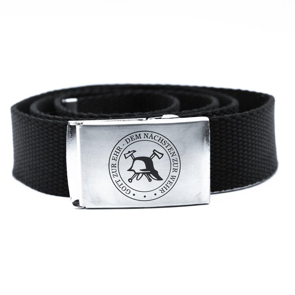 Bandgürtel Feuerwehr schwarz Aufdruck Gott zur Ehr dem nächsten zur Wehr bis 180cm Koppel Schnalle