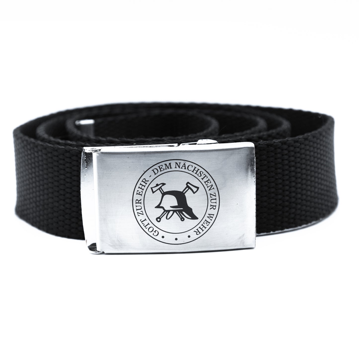 Bandgürtel Feuerwehr schwarz Aufdruck Gott zur Ehr dem nächsten zur Wehr bis 180cm Koppel Schnalle