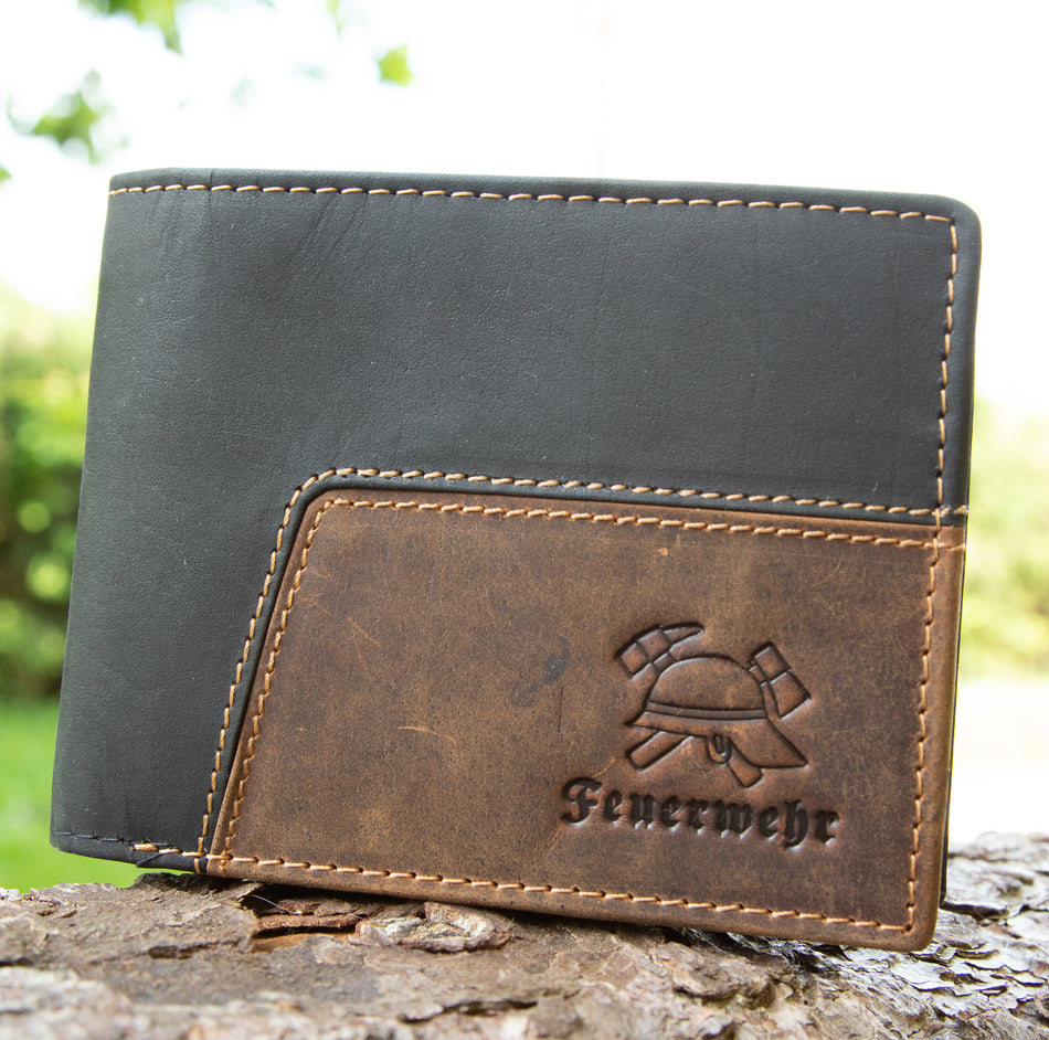 Feuerwehr Leder Geldbeutel Portemonnaie 10 Karten RFID Aufdruck Helm und Axt schwarz