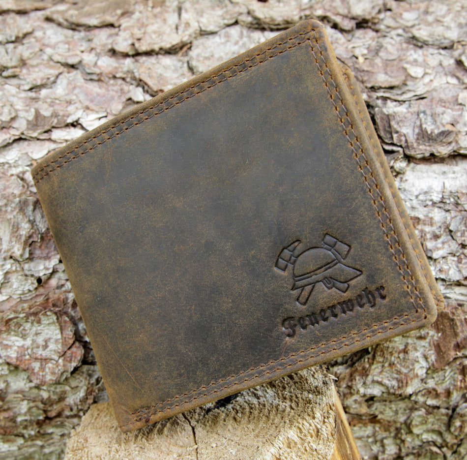 Feuerwehr Leder Geldbeutel -  9 Karten – Helm u. Axt Motiv