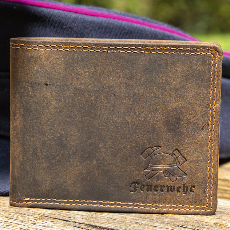 Feuerwehr Leder Geldbeutel - 12 Karten/RFID – Helm u. Axt Motiv,  Büffel-Leder