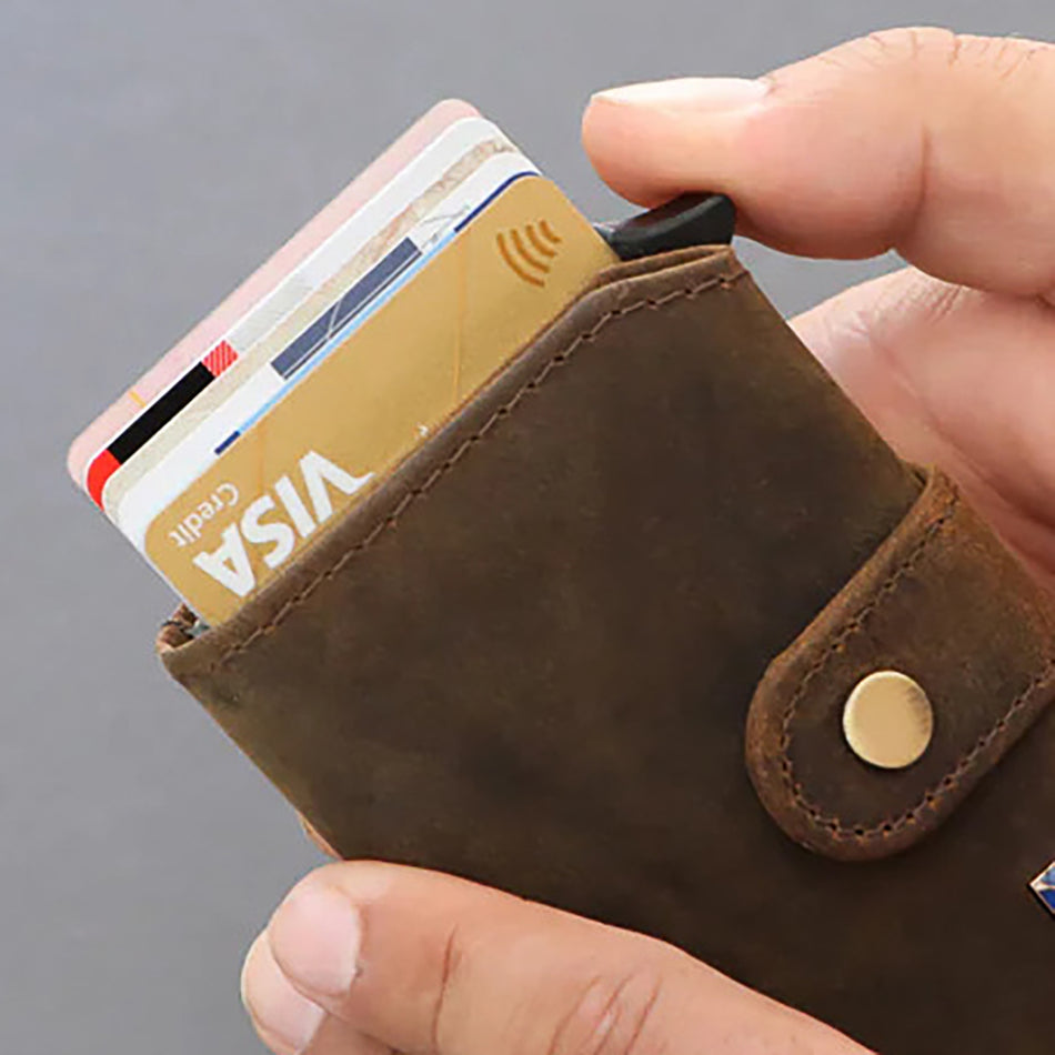 Feuerwehr Leder Kartenetui Geldbeutel mit RFID-Schutz, braun mit Helm u. Axt