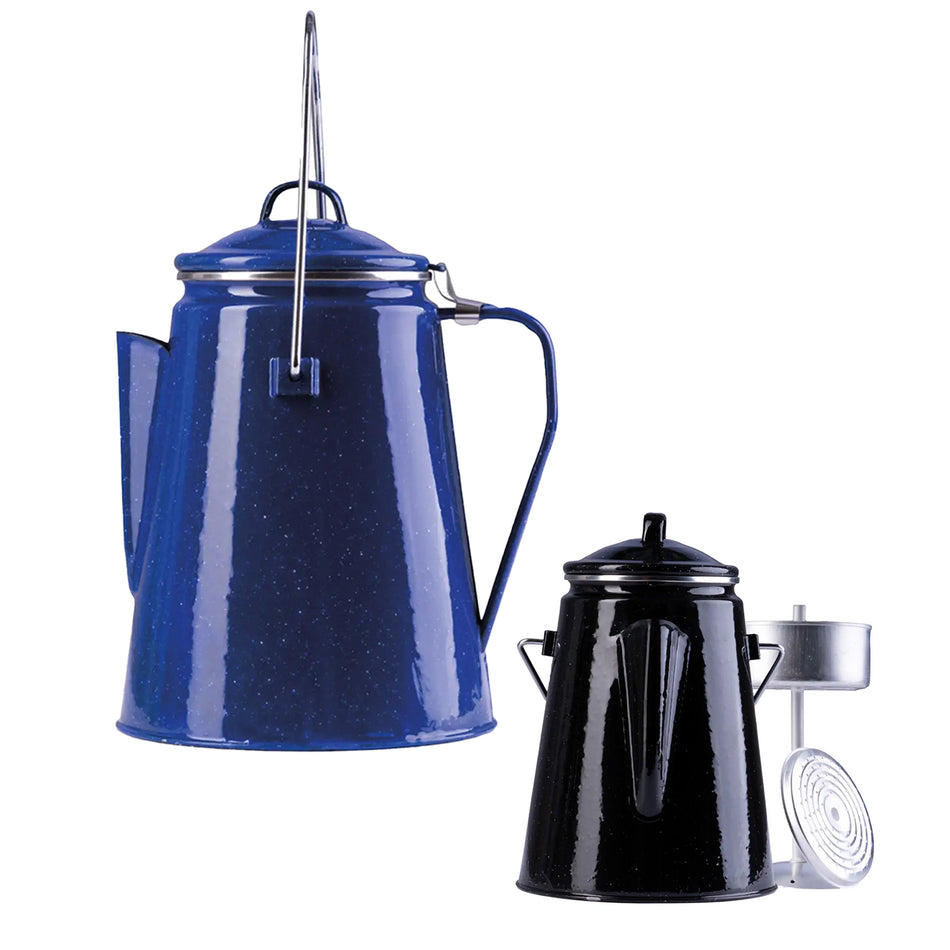 Kaffeekanne mit Perkolator Emaille Stahl Western Kanne Camping blau schwarz 2 L
