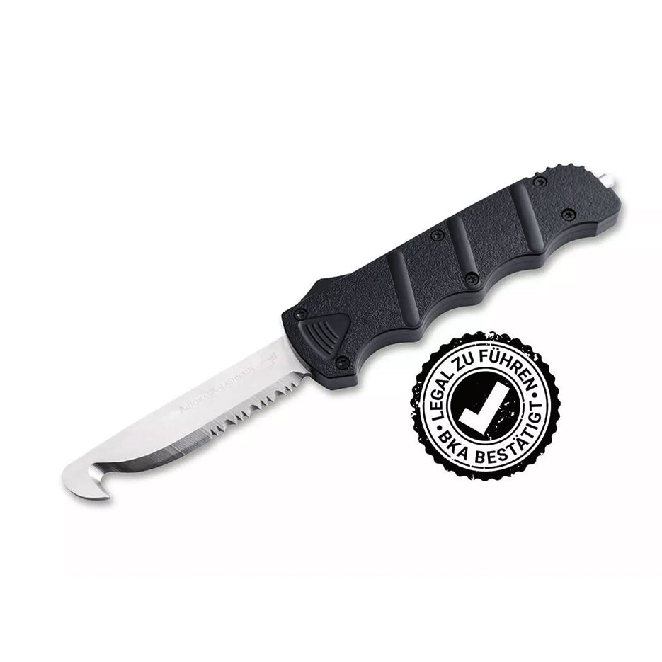 Böker Plus Rescue OTF 2 Rettungsmesser, schwarz, mit Glasbrecher und Gurtschneider