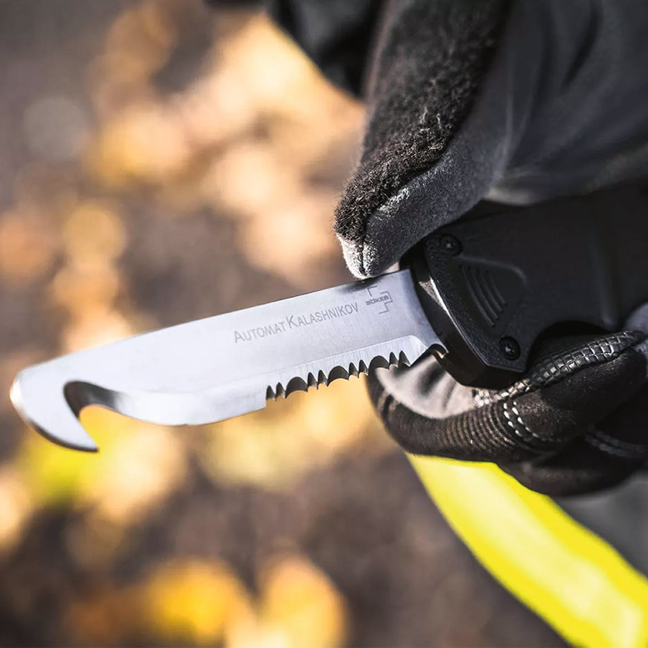 Böker Plus Rescue OTF 2 Rettungsmesser, schwarz, mit Glasbrecher und Gurtschneider