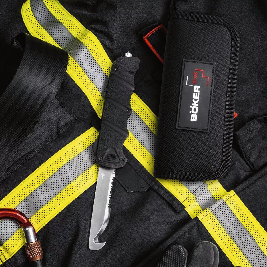 Böker Plus Rescue OTF 2 Rettungsmesser, schwarz, mit Glasbrecher und Gurtschneider