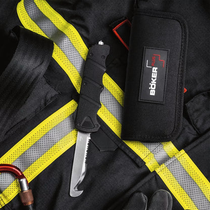 Böker Plus Rescue OTF 2 Rettungsmesser, schwarz, mit Glasbrecher und Gurtschneider