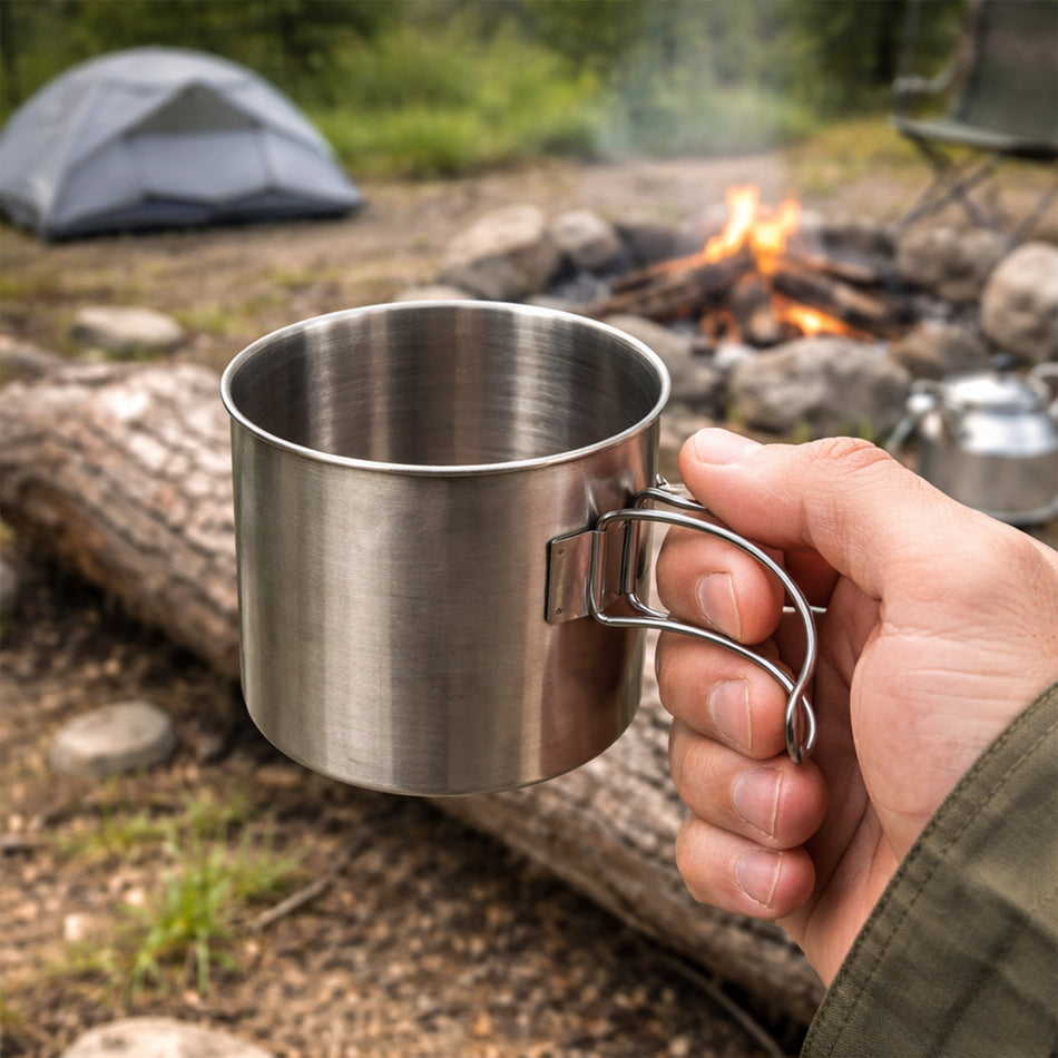 Stahlbecher 0,6 L & 0,8 L Camping Trinkbecher mit Klappgriffen