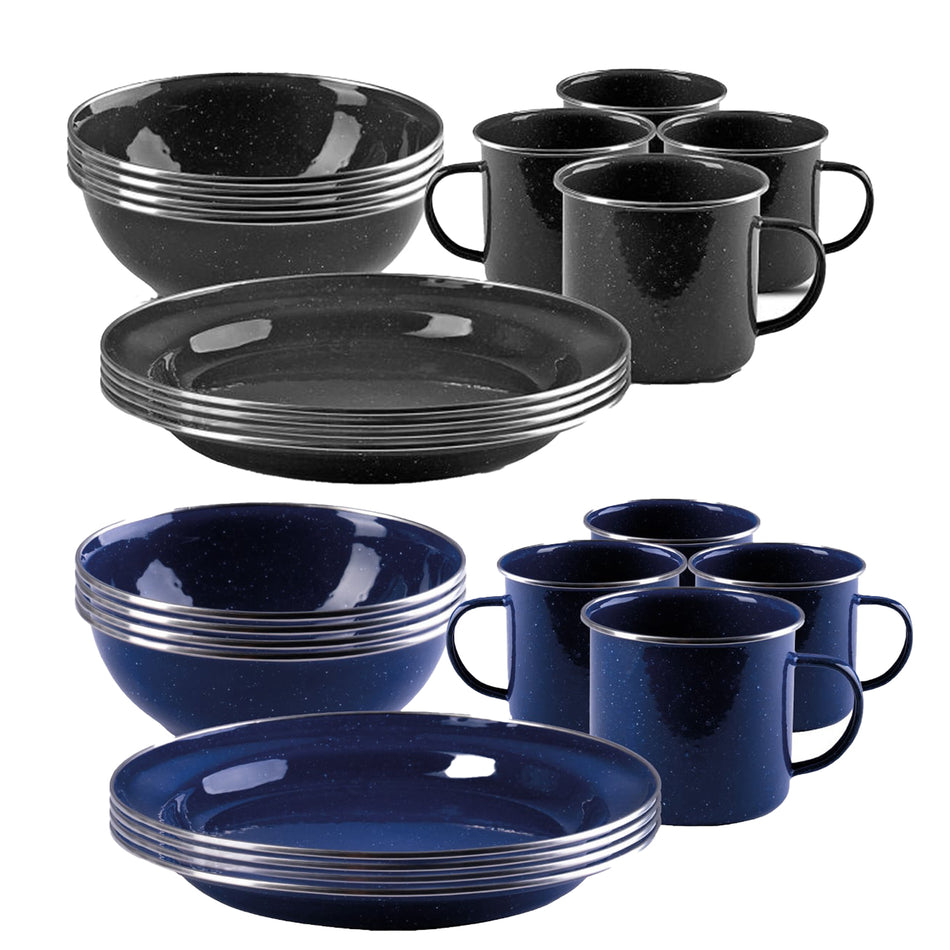 Geschirrset Western Emaille Stahl blau & schwarz 12-tlg. Camping